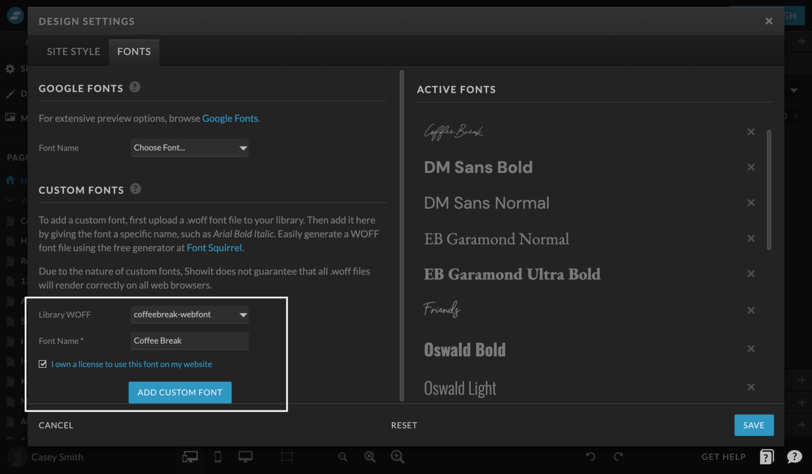 Activate your custom font in the Design Settings