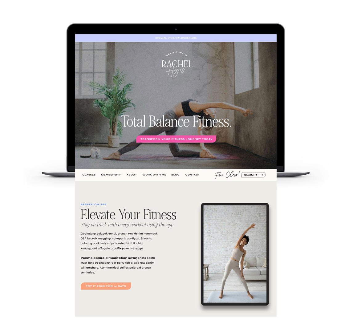 Rachel Hayes Fitness Coach, Pilates Studio, Personal Trainer Showit Website Template