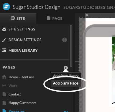 Screenshot of how to add a blank page in Showit